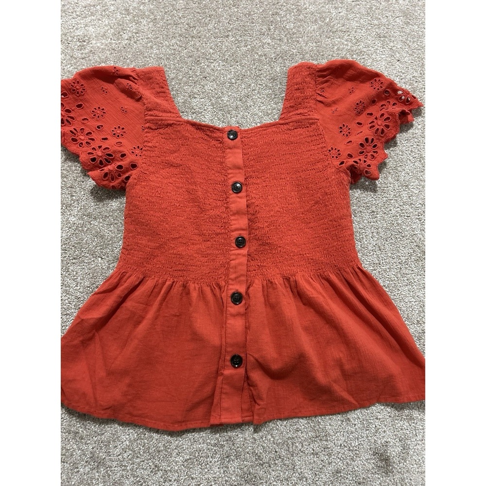 Madewell Women's M Eyelet-Sleeve Lucie Smocked Peplum Top Rust Color - Picture 7 of 7